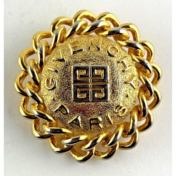 Givenchy Vintage Logo Pin Brooch Brushed Gold 4G Round Chain Chunky Signed BinAT - Picture 1 of 3